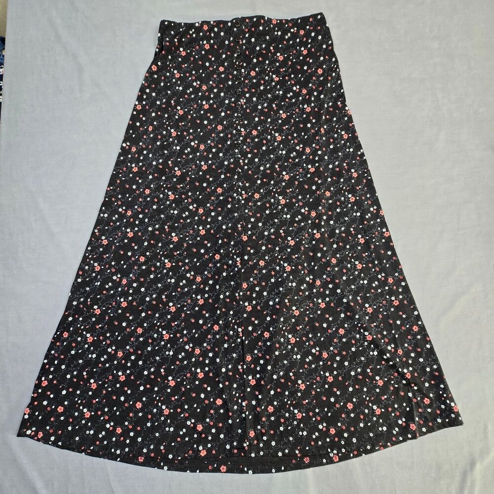 Briggs New York Black Floral Maxi Skirt L Cottage Core Stretchy Pull On
